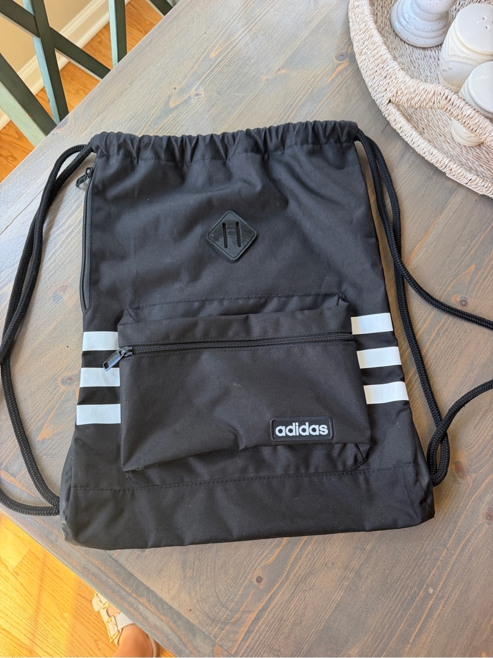 adidas Black Drawstring Backpack with White Stripe Accents
